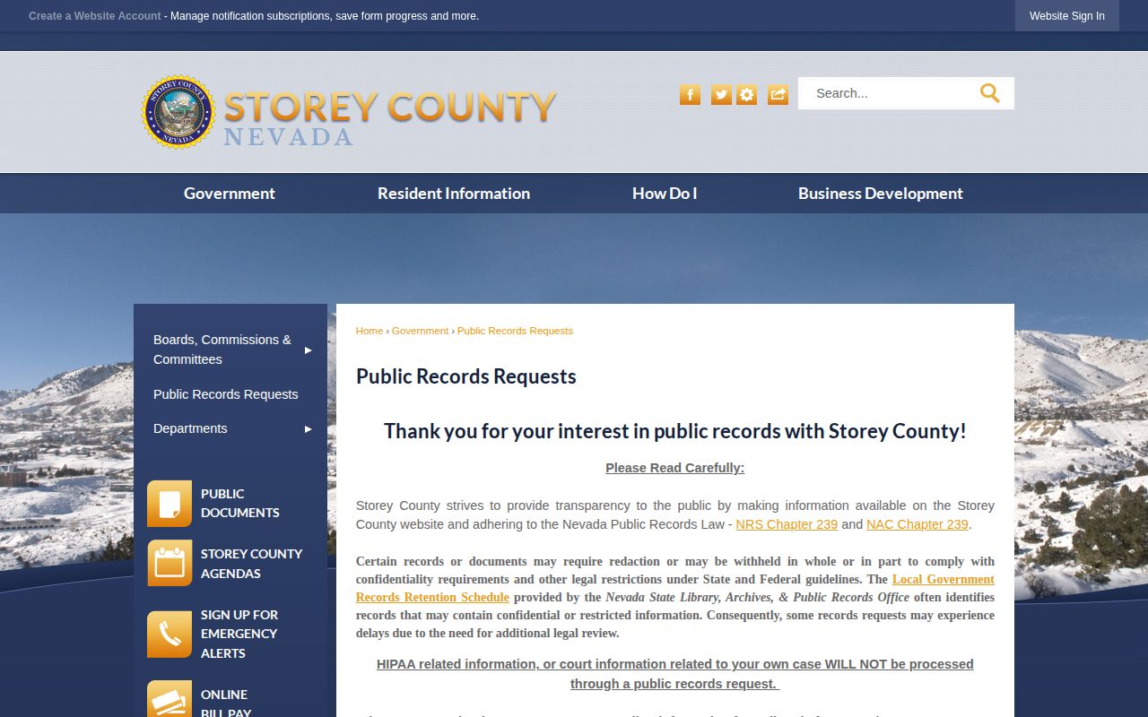 Storey County public record request path for a Gold Hill arrest