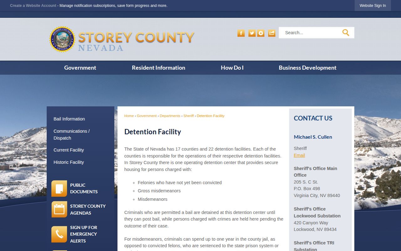 Storey County detention facility information for Gold Hill arrests