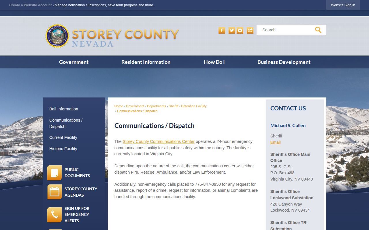 Storey County Communications and Dispatch contact page