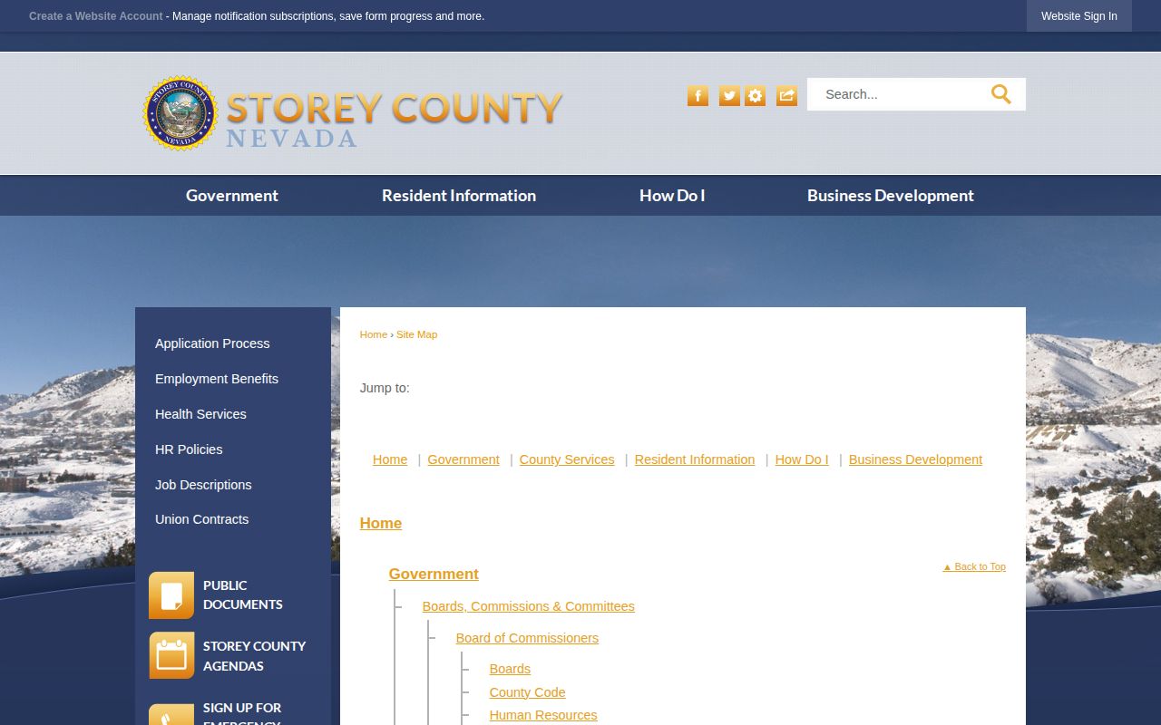 Official Storey County site map checked for an arrest report or police blotter link