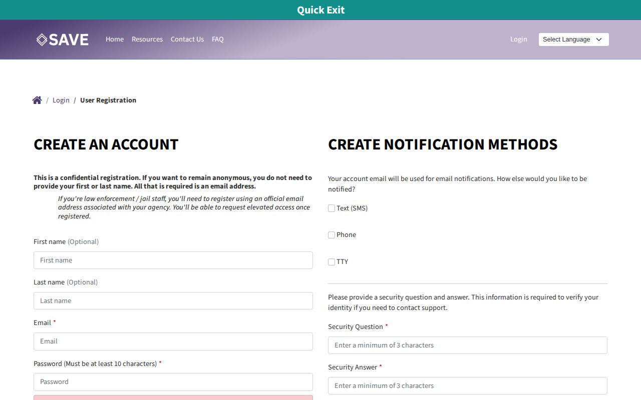 Nevada SAVE confidential account registration screen for custody notifications