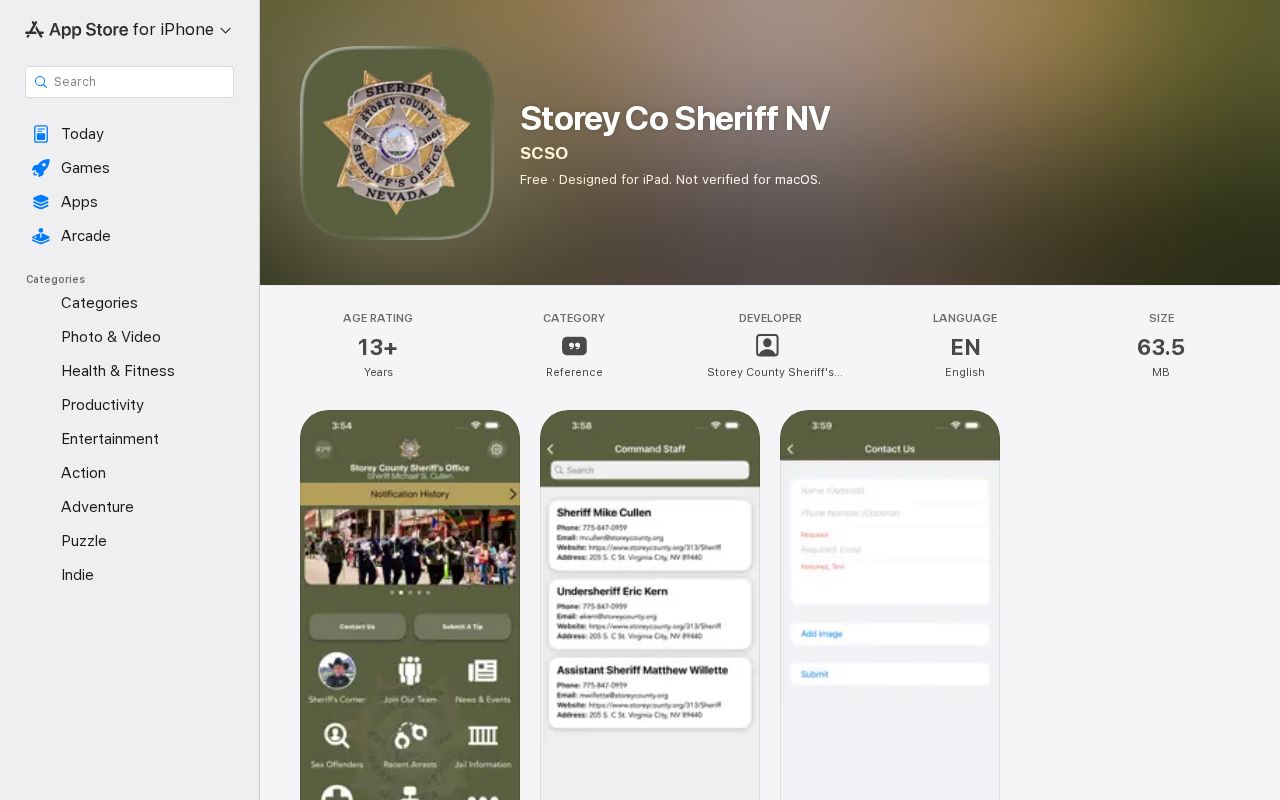 Official Storey Co Sheriff NV mobile app listing describing alerts and community features