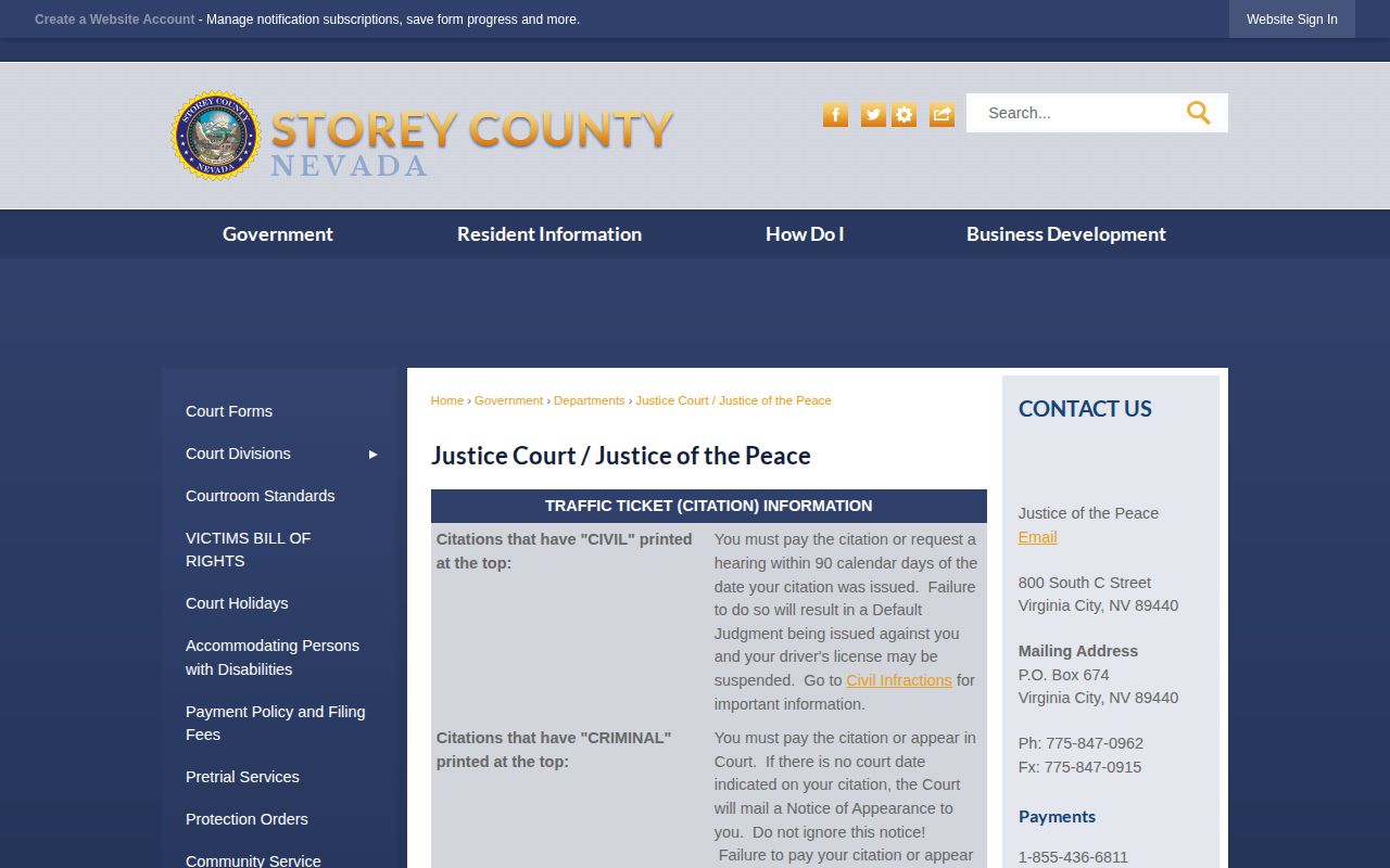 Storey County Justice Court information for Virginia City arrest cases