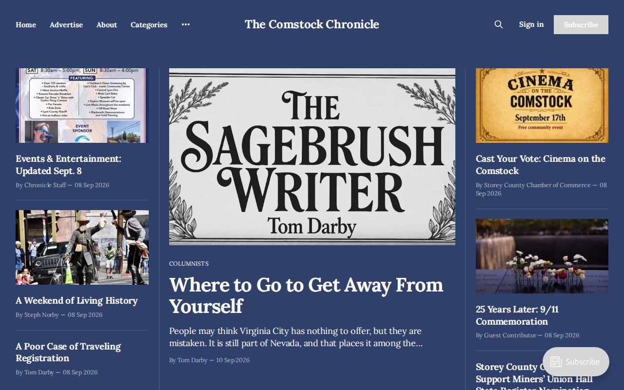 The Comstock Chronicle local news homepage serving Storey County communities