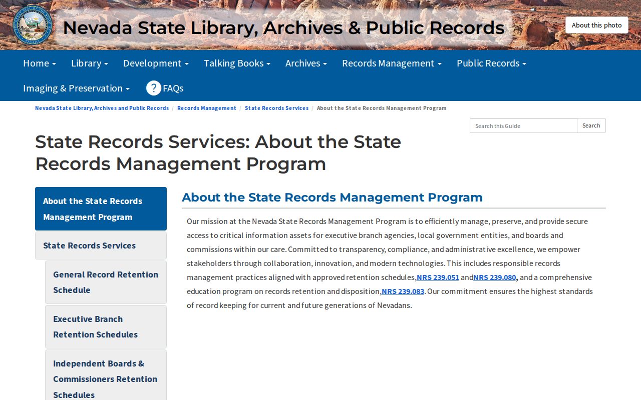 Nevada State Records Services page explaining official retention and archival functions